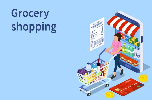 Customer buying in online grocery store — Stock Vector