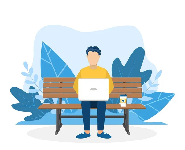 Άνθρωπος με φορητό υπολογιστή κάθεται στη φύση — Διανυσματικό Αρχείο