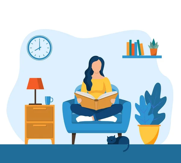 Joven mujer leyendo libro en silla en casa — Vector de stock