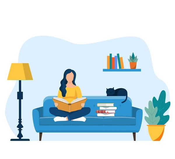 Giovane donna che legge libro sulla sedia a casa — Vettoriale Stock