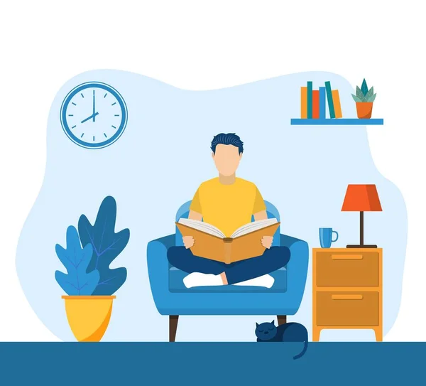 Young man reading book on chair at home — Stock Vector