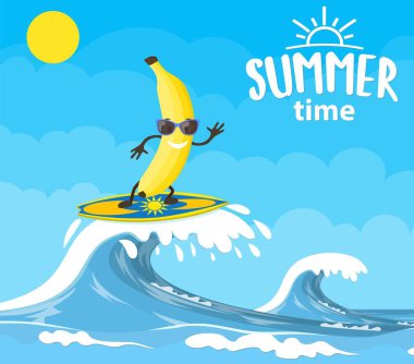 Dalga üzerinde sörf yapan muz karakterleri.