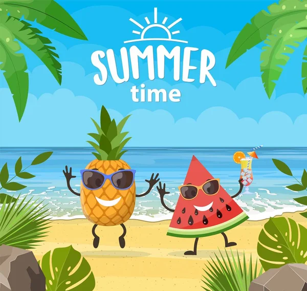Funny summer banner with fruit characters. — Stock Vector