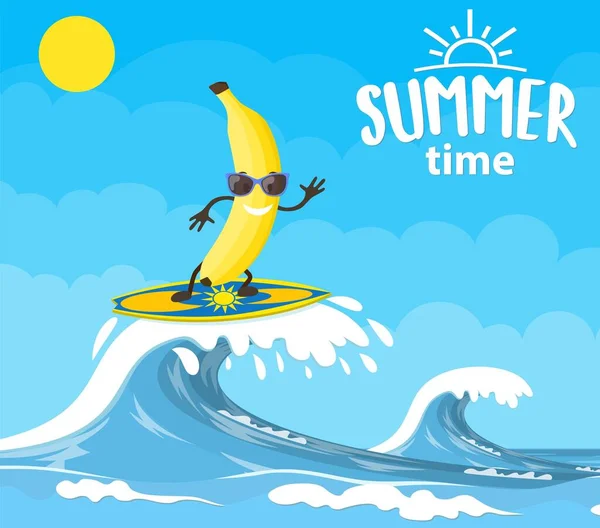 Bananenfiguren surfen auf der Welle. — Stockvektor