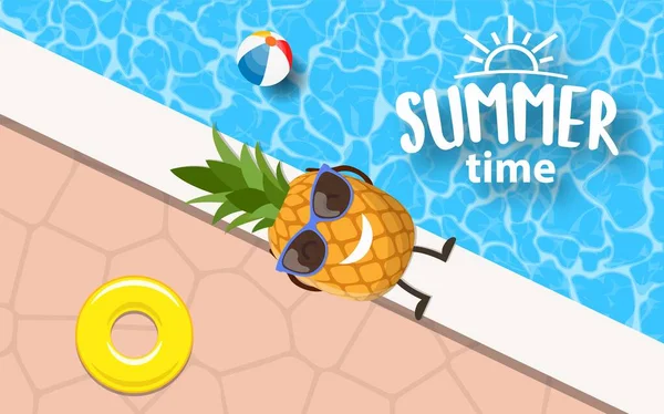 Ananas karakter ontspannen bij het zwembad — Stockvector