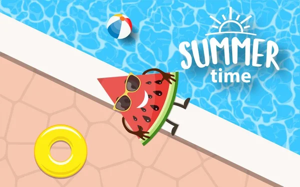 Watermeloen karakter ontspannen bij het zwembad — Stockvector