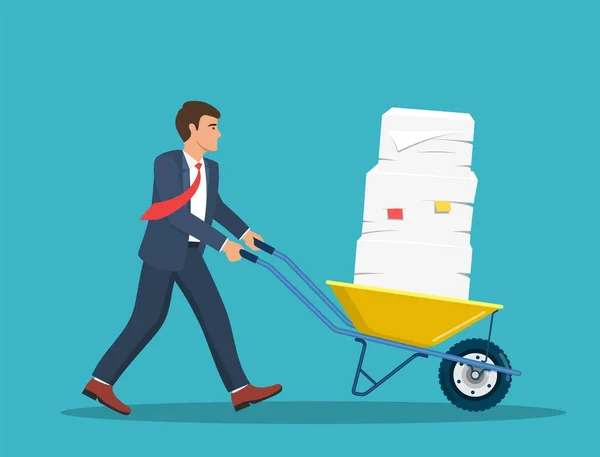 Businessman pushing a wheelbarrow full of paper — Stock Vector