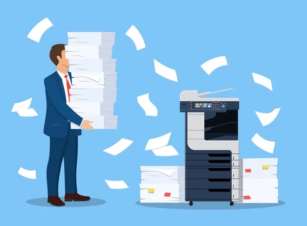 Homme d'affaires stressé détient pile de documents. — Image vectorielle