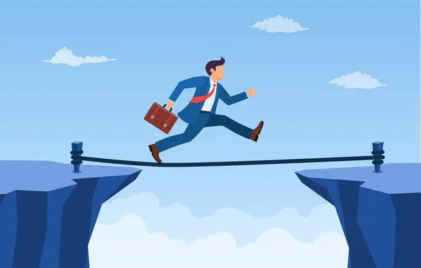 Businessman is walking a tightrope across the gap between the rocks. — Stock Vector