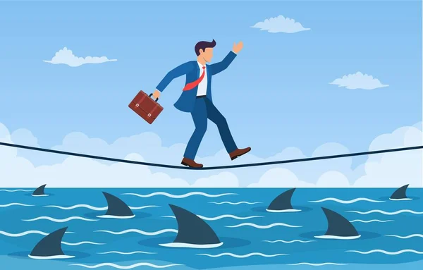 Obchodník kráčí po laně přes žraloka — Stockový vektor
