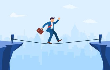 Businessman is walking a tightrope across the gap between the rocks. clipart