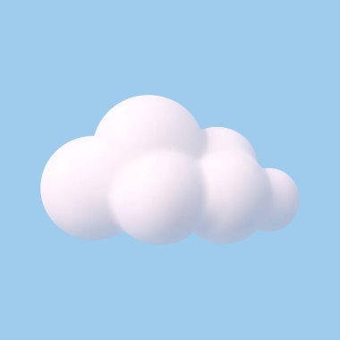 Mavi arka planda izole edilmiş 3D gerçekçi basit bulutlar. Yumuşak, yuvarlak, kabarık bulutlu bir simgeyi gökyüzüne yerleştir. Vektör illüstrasyonu