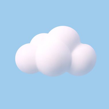 Mavi arka planda izole edilmiş 3D gerçekçi basit bulutlar. Yumuşak, yuvarlak, kabarık bulutlu bir simgeyi gökyüzüne yerleştir. Vektör illüstrasyonu