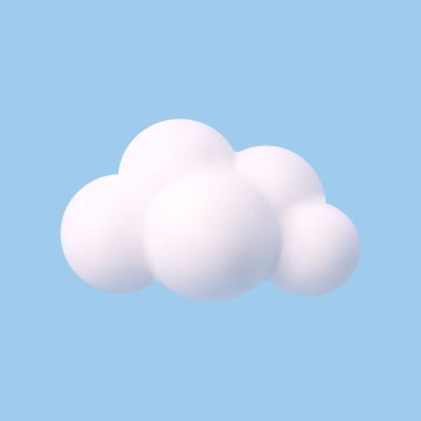 Mavi arka planda izole edilmiş 3D gerçekçi basit bulutlar. Yumuşak, yuvarlak, kabarık bulutlu bir simgeyi gökyüzüne yerleştir. Vektör illüstrasyonu