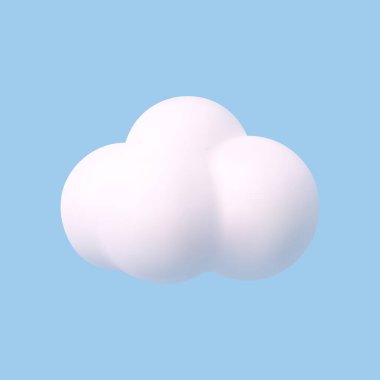 Mavi arka planda izole edilmiş 3D gerçekçi basit bulutlar. Yumuşak, yuvarlak, kabarık bulutlu bir simgeyi gökyüzüne yerleştir. Vektör illüstrasyonu