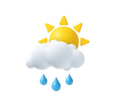 3d sun and cloud with rain drops icon. Sun and cloud with rain drops. Weather concept. 3d rendering. Vector illustration