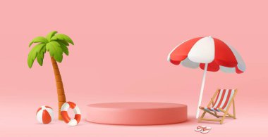 3D tropical beach setup featuring a palm tree, umbrella, deck chair, and summer props on a pink background. shopping summer sale concept. 3d rendering. Vector illustration