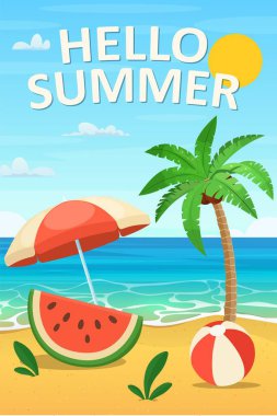 cartoon summer beach scene with palm tree, umbrella, watermelon, ball. Hello Summer beach in sunny background. Vector illustration in flat style