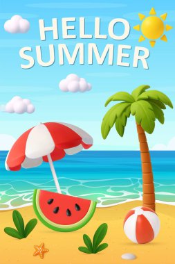 3d cartoon summer beach scene with palm tree, umbrella, watermelon, ball. Hello Summer beach in sunny background. 3d rendering. Vector illustration