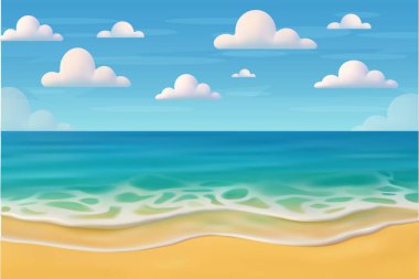3D beach scene with waves, turquoise ocean, sandy shore, and fluffy white clouds in blue sky. Sea beach landscape. Cartoon summer sunny day. 3d rendering. Vector illustration