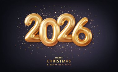 3d Realistic Gold Foil Balloons. Merry Christmas and Happy New Year 2026 greeting card. Winter Holiday banner concept. 3d rendering. Vector illustration