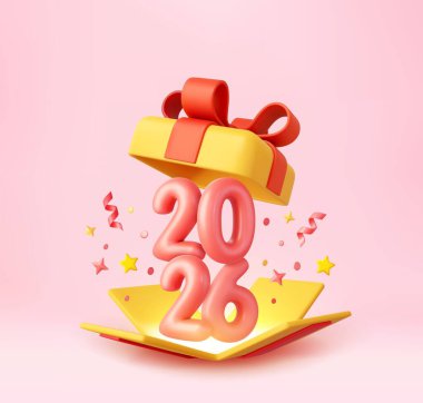 3d Happy New Year 2026. Open gifts box number sign . Merry Christmas Background. Xmas sale present. 3d rendering. Vector illustration