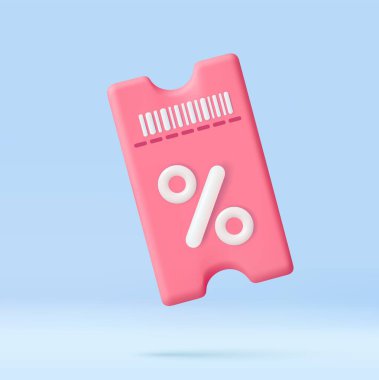 Yüzde işaretli 3D indirimli indirim kuponu. Fiş kartı, şablon tasarımı ve kupon promosyonu. Özel fiyata indirim kuponu veriyorlar. 3D görüntüleme. Vektör illüstrasyonu