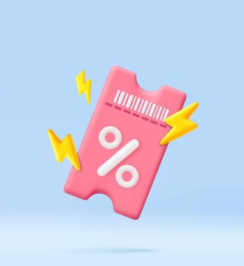 Üç boyutlu flaş kupon. Büyük satışlar ve kârlı online alımlar için. Özel fiyata indirim kuponu veriyorlar. 3D görüntüleme. Vektör illüstrasyonu