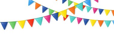 3D triangle flag party for birthday party banner. Fair string pennant bunting decoration to celebrate summer carnaval. 3D rendering. Vector illustration