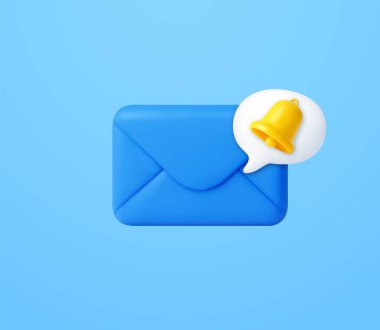 3D blue envelope with a yellow bell in a speech bubble, symbolizing new message or email alert. Send letter by email. Push reminder. Newsletter subscription. 3d rendering. Vector illustration