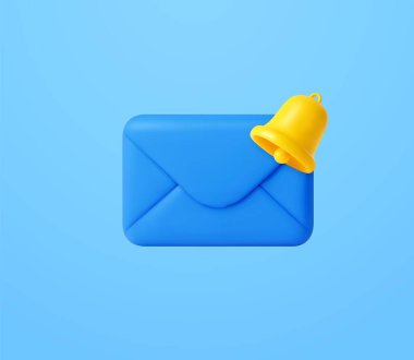 3D blue envelope with yellow bell on top, representing a new email alert or message notification on light blue background. 3d rendering. Vector illustration