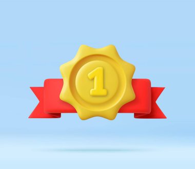 3D yellow badge featuring the number one and red ribbons, first place, top ranking, or competition victory. Dog show, scientific discoveries, sport competition. 3d rendering. Vector illustration