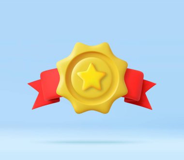 3D Golden badge with a star and red ribbons, symbolizing recognition, achievement, or premium quality.Trendy gold sport or business award, abstract victory badge. 3d rendering. Vector illustration