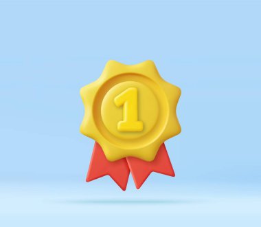 3d Golden first place badge with red ribbon tails, championship, or competition success. Trendy gold sport or business award, abstract victory badge. 3d rendering. Vector illustration