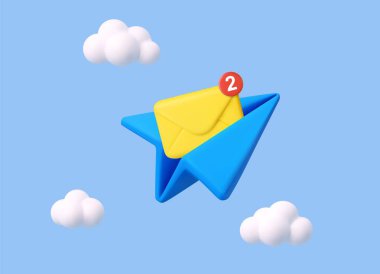 Zarflı 3D Kağıt Uçak. Yeni mesaj konsepti. E-posta ile yollanmış. Çevrimiçi sosyal medya pazarlaması. Haber bültenine abone ol. Üç boyutlu görüntüleme. Vektör illüstrasyonu