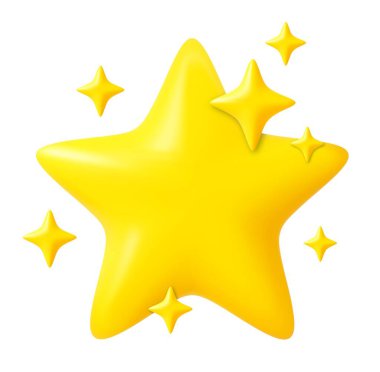 3d yellow star surrounded by sparkling effects, symbolizing rating, excellence, or favorite content. 3d rendering. Vector illustration