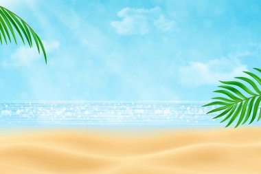Sunny beach scene with soft sand, sparkling blue ocean, clear sky, and green palm leaves framing the view in a tropical setting. Vector illustration