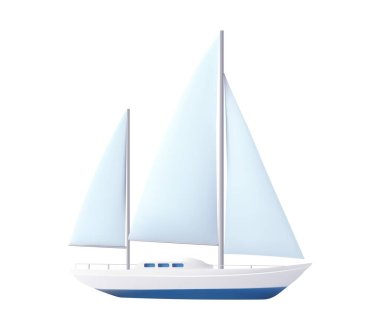 3d Yacht sailboat or sailing ship, sail boat marine cruise travel icon. scuba mask and snorkel, diving flippers isolated on white background, Vector illustration