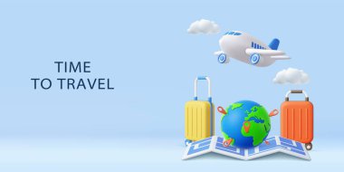 3D airplane, globe with map pins, suitcases, and open map, symbolizing vacation, adventure, and global travel excitement. leisure touring holiday summer concept. 3d rendering. Vector illustration