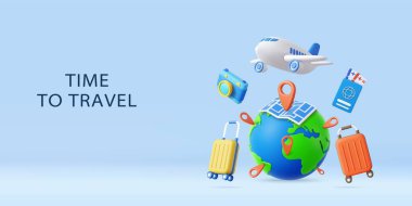 3D globe with map pins, airplane, camera, and suitcases, symbolizing vacation, adventure, and world travel inspiration. holiday summer concept. 3d rendering. Vector illustration