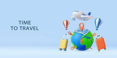 3D globe with map pins, airplane, hot air balloons, and suitcases, symbolizing vacation, adventure, and world travel inspiration. holiday summer concept. 3d rendering. Vector illustration