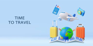 3D globe with map pins, airplane, camera, and suitcases, symbolizing vacation, adventure, and world travel inspiration. holiday summer concept. 3d rendering. Vector illustration