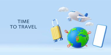 3D airplane, globe with map pins, suitcase, smartphone, and clouds, symbolizing modern adventure and vacation planning. holiday summer concept. 3d rendering. Vector illustration