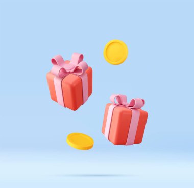 3D red gift boxes with pink ribbons and yellow coins, symbolizing rewards, bonuses, or festive promotions.