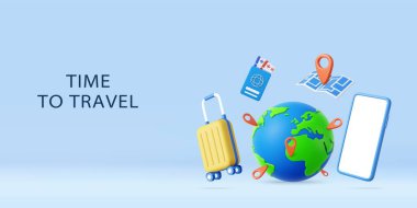3D globe with pins, suitcase, passport, smartphone, and map, symbolizing modern vacation planning and global adventures. holiday summer concept. 3d rendering. Vector illustration