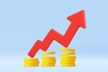 3D red zigzag upward arrow rising over stacks of gold coins, representing profit growth, investment success, and financial progress. Financial success concept. 3d rendering. Vector illustration