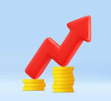 3D red zigzag upward arrow rising over stacks of gold coins, representing profit growth, investment success, and financial progress. Financial success concept. 3d rendering. Vector illustration