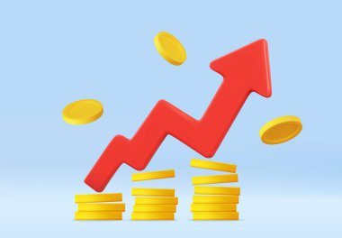 3D red zigzag upward arrow rising over stacks of gold coins, representing profit growth, investment success, and financial progress. Financial success concept. 3d rendering. Vector illustration