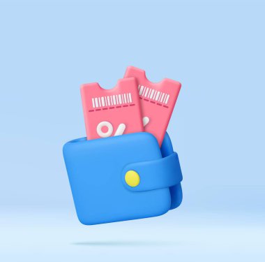 3D blue wallet holding pink discount vouchers, representing savings, deals, offers, and shopping promotions. Purchase with discount concept. 3d rendering. Vector illustration