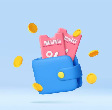 3D blue wallet containing pink discount coupons with gold coins around, symbolizing savings, rewards, and cashback offers. Purchase with discount concept. 3d rendering. Vector illustration